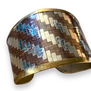 Vintage Wide Cuff Bracelet Woven in a copper brass & silver metals Sz S/M 80s